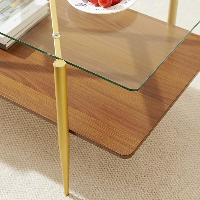Rectangle Coffee Table, Mid-Century Modern Design, L41*W21*H17 inch, for Living Room, Clear Glass Top and Walnut Finish Wood Shelf, Conical Metal Legs with Gold Finish