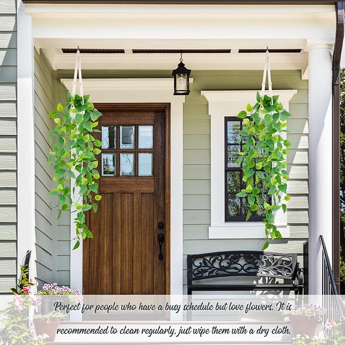 LOYWREE 2 Pack Artificial Hanging Plant Kit with Pot and Hanger - 39" Long Fake Pothos Vines - Hanging Potted Faux Plant Indoor for Wall Ceiling Bedroom Bathroom Living Room Home Decor (White Pot)