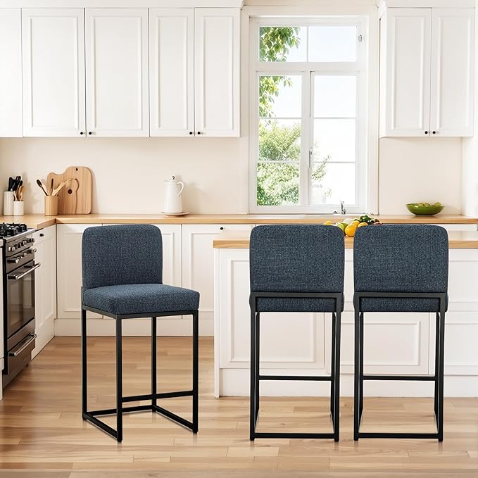 ALPHA HOME 24" Bar Stools Set of 2 Kitchen Counter Stools with Back, Counter Height Stools with Upholstered Footrest for Kitchen Island, Metal Steel Frame, Chenille, Blue