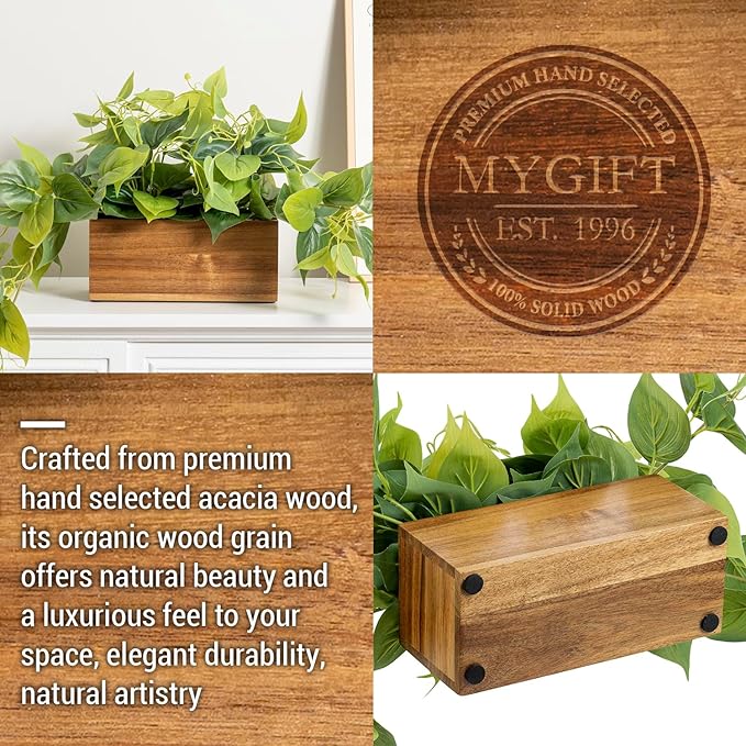 MyGift Vibrant Lifelike Artificial Plant Pothos Leafy Vine Greenery in Natural Solid Acacia Wood Rectangular Planter Box