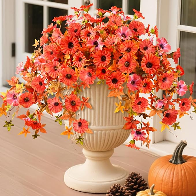Artificial Fall Flowers for Outdoors Decoration, 2Pcs Fake Petunias Silk Plants UV Resistant No Fade, Realistic Faux Flower Look Real for Outdoor Planters Garden Porch Patio (Fall Orange)