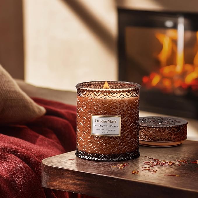 LA JOLIE MUSE Hearth & Velvet Flames Candle - Saffron, Clove, Vanilla | 19 oz Large Wooden Wick Candles | Natural Soy Wax | 90 Hours Clean Burn | Holiday Candle Gifts | Gift-Ready for Hosts