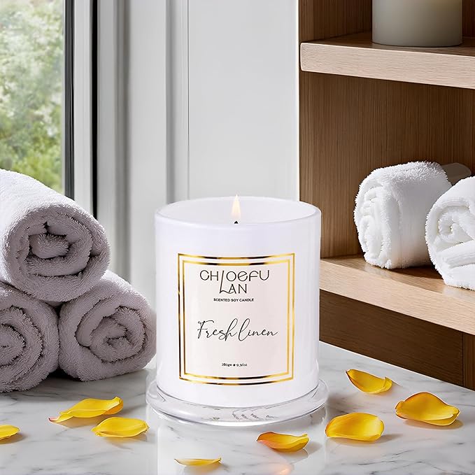 Chloefu LAN White Linen Candles, Luxury Scented Soy Jar Bathroom Candle, Highly Fragranced, Odor Eliminating Candles for Home, Air Freshing Soy Candle, White Glass Jar, Essential Oils, 75 Hours 10 oz