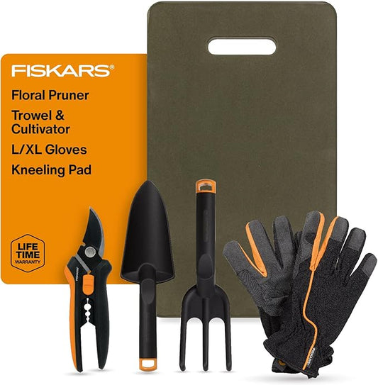 Fiskars Flower Gardening Tool Set with Floral Pruner, Trowel, Cultivator, Garden Gloves, and Ultra-Light Kneeling Cushion for Outdoor Use (5 Piece Kit)