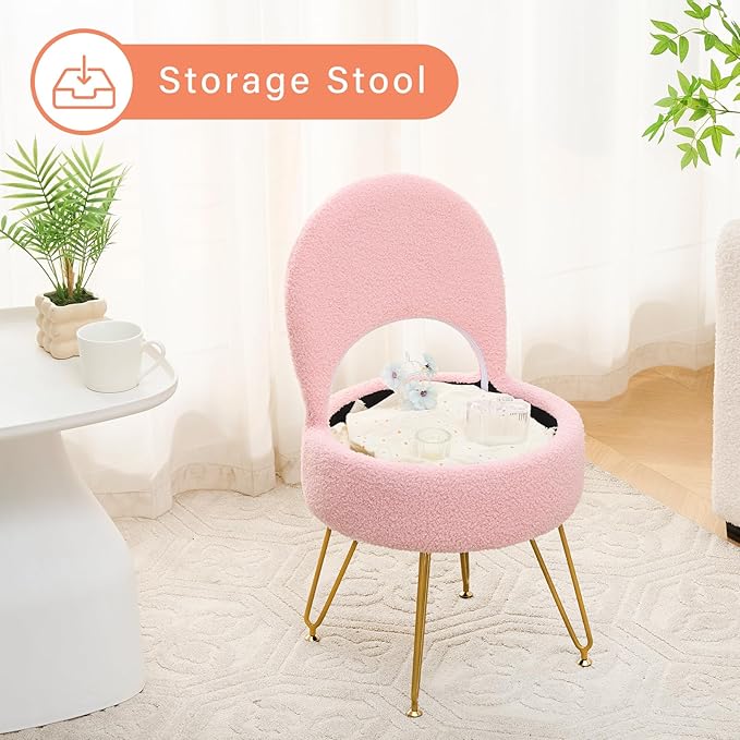Ottoman Teddy Velvet Vanity Stool Chair with Folding Back Multifunctional Upholstered Makeup Chair, 4 Metal Legs with Anti-Slip Feet for Bedroom Living Room Entryway(Pink,M)