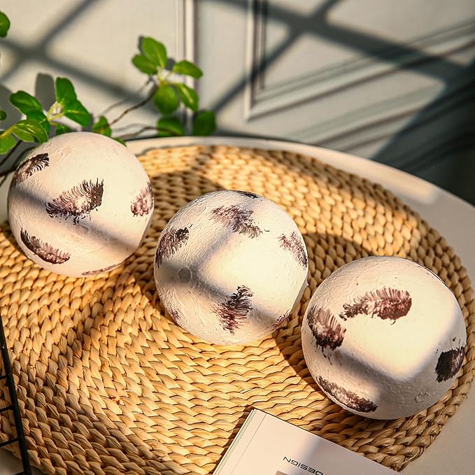 Decorative Balls for Centerpiece, Set of 3, 4 inch, Feather Pattern, Coffee Table Decor