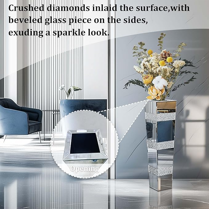 Crushed Diamond Mirror Vase: 28.15 inches High Silver Crystal Geometric Bling Decor for Luxury Home Centerpieces Livingroom Wedding Decor, Won't Hold Water