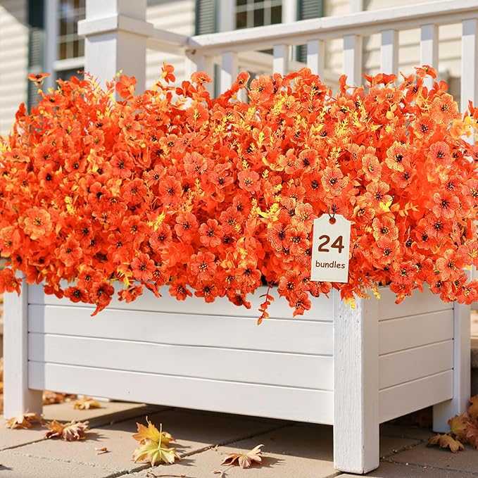 SHareconn 24 Bundles Artificial Fall Flowers for Outdoors Decoration, UV Resistant Silk Eucalyptus Lavender Faux Autumn Fake Plants for Outside Indoor Garden Yard Porch Home Decor, Sunset Red Orange