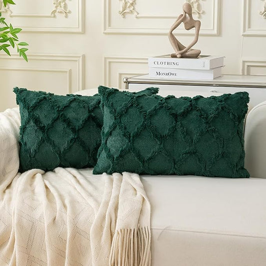 Set of 2 Soft Moroccan Throw Pillow Covers 12x20 Inch Plush Boho Decorative Pillow Cover Accent Cushion Case for Couch Sofa Bed, Dark Green