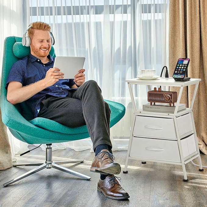 Nightstand with Charging Station, Side Tables for Bedroom with Built-in USB Side Table with 2 USB Ports and Outlets Nightstand with Cloth Drawer End Tables Living Room Sofa Couch