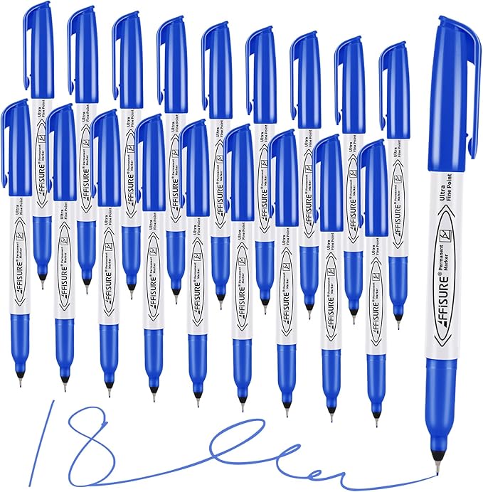 Blue Ultra Fine Point Permanent Markers, 18 Pack, 0.4 mm, Precision Extra Fine Tip for Detailed Writing, Art, Crafts & Labeling on Paper, Plastic, Glass, Metal, Waterproof, Fade-Resistant Ink