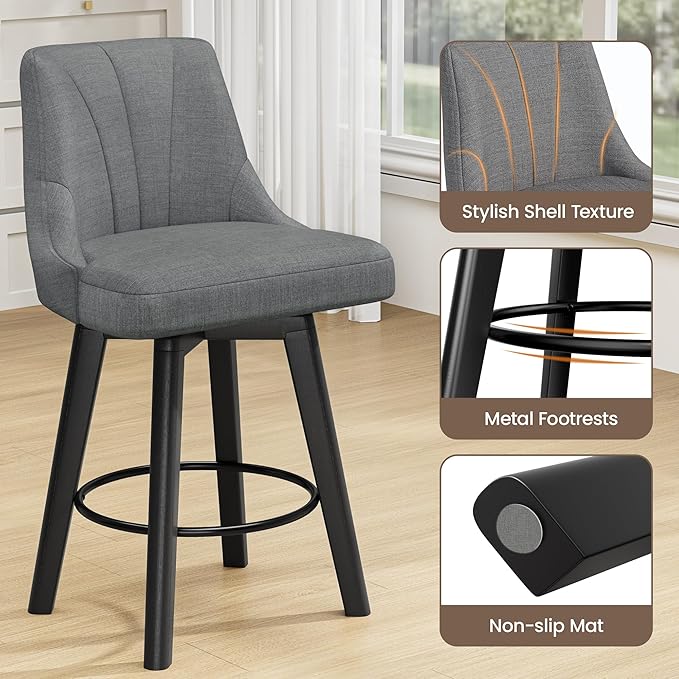 Counter Height Swivel Bar Stool, 24" Upholstered Fabric Barstools Set of 2, Counter Stool Chair with Back & Solid Wood Legs for Kitchen Island Dining Room (Dark Gray)