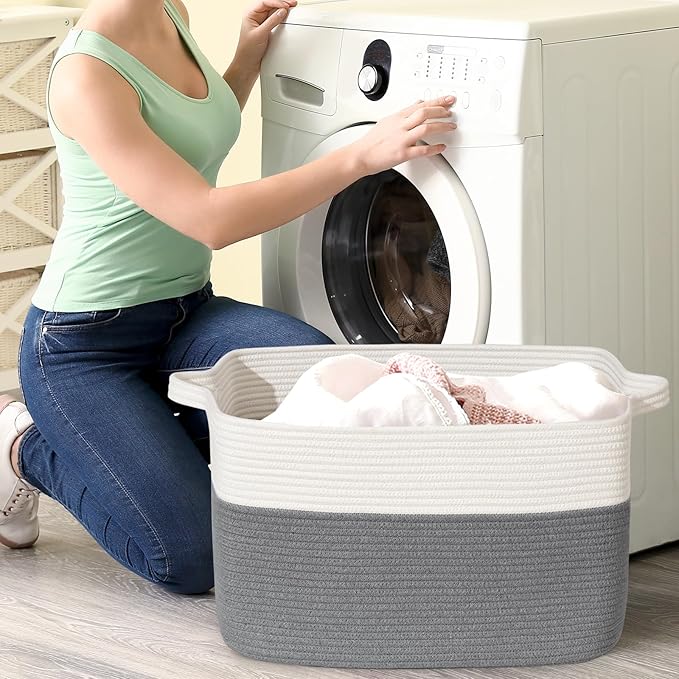 Large Blanket Basket, 100 L Rectangle Storage Baskets for Organizing, Woven Laundry Basket for Blankets, Cotton rope Blanket Storage for Living Room, Nursery Room, Gray