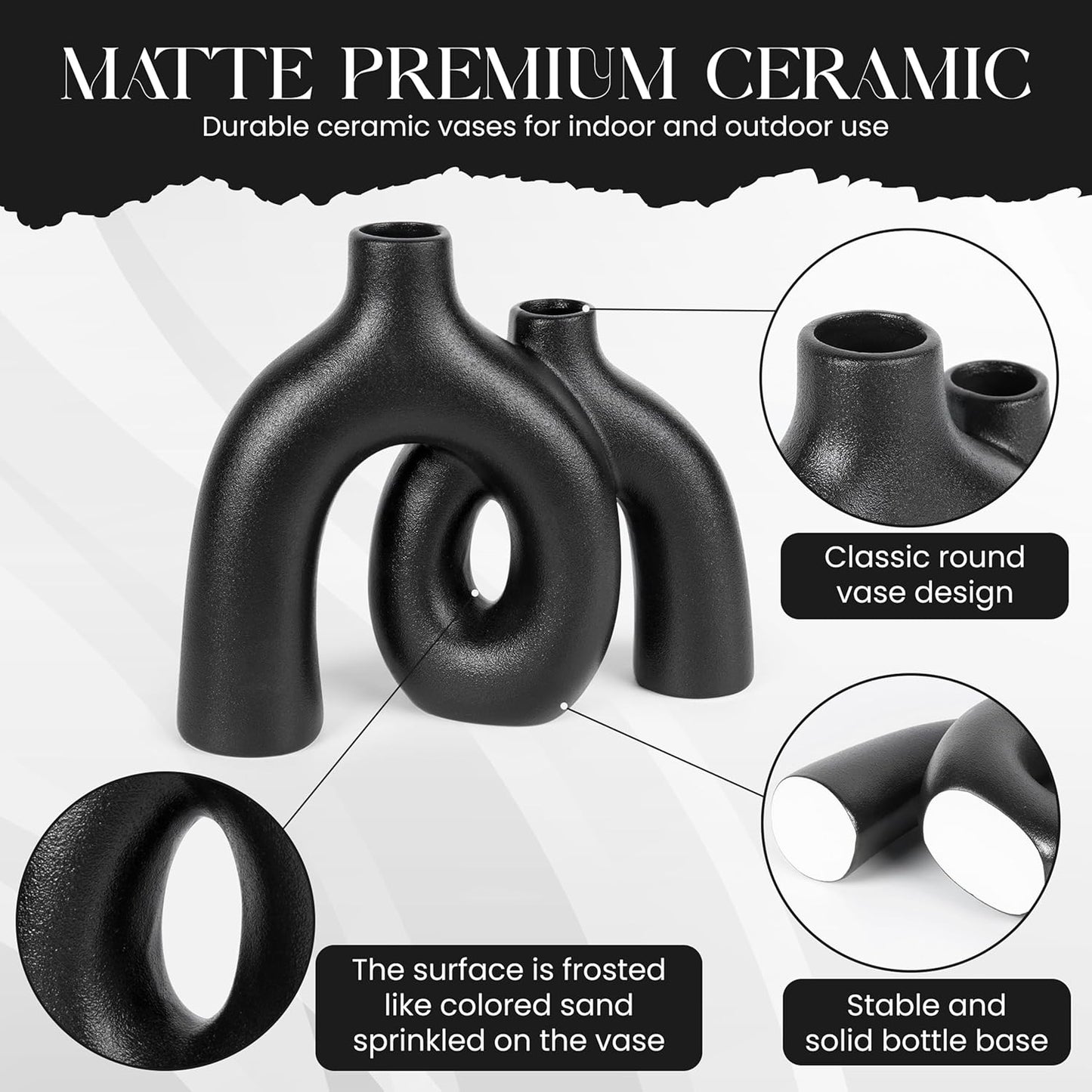 Ceramic Hug Vase (Deep Black) Modern Donut Style Hugging Vases for Flowers Minimalist Decor – Hollow Ceramic Waterproof Home Decor Vases for Living Room, Bed Room, Book Shelf, Entryway Table.