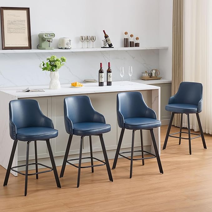 Bar Stools Set of 4, 26" Swivel Counter Height Bar stools with High Back, Faux Leather Kitchen Barstools Counter Height for Kitchen Island (Navy Blue, 4PCS 26" Counter Stools)