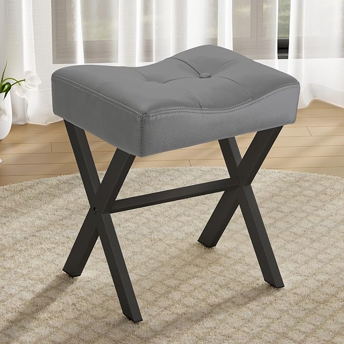 18-Inch Leather Vanity Stool Chair, Vanity Bench with Metal X-Leg, Ottoman Accent Stool with Thick Padded Saddle Seat, Gray