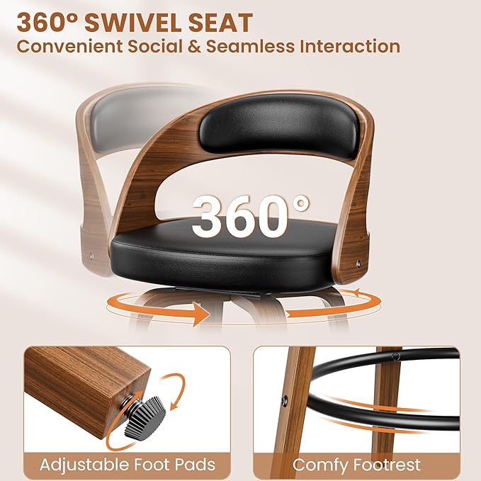 Bar Stools Set of 2, 26" Swivel Counter Height Bar Stools with Bentwood Legs and Back, Mid Century Modern Faux Leather Upholstered Counter Stools for Kitchen Island, Bar, Restaurant, Black