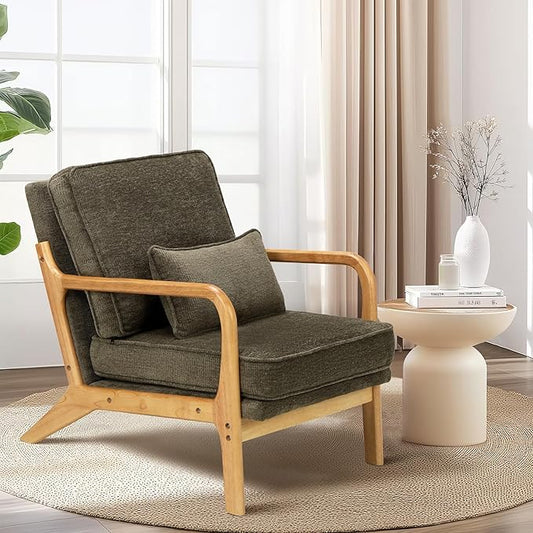 Modern Accent Chair with Lumbar Pillow, Relaxing Mid Century Chair Armchair with Solid Wood Frame & Soft Cushion, Reading Leisure Armchair for Living Room, Green
