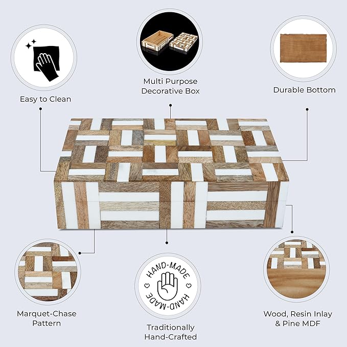 Handicrafts Home Decorative Storage Box, Keepsake Holder & Gift Box or Decorative Accent, Home decor, Jewelry Organizer, Made with Wood & Resin Inlay, Handmade Marquet Chase Collection- 10X6X2.5 in