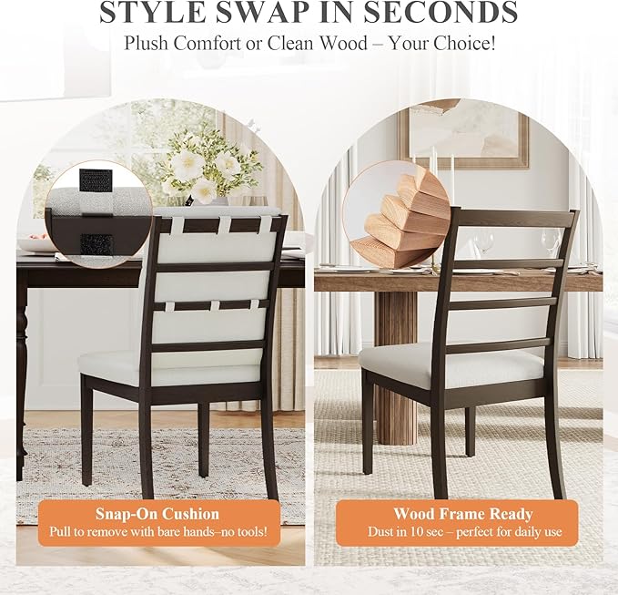 COLAMY Wooden Dining Chairs Set of 6, Modern Fabric Upholstered Kitchen Side Chairs, Farmhouse Ladder High Back Dining Room Chair with Foot Pegs - White