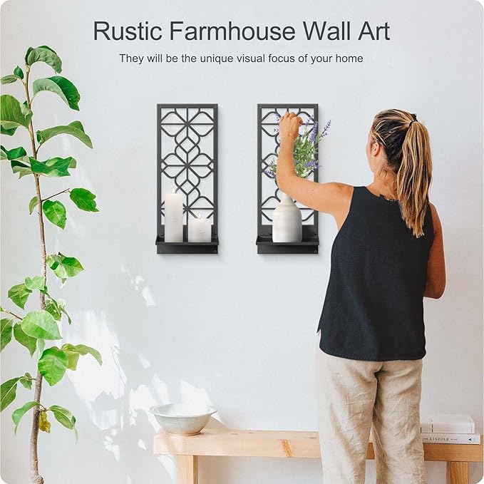 Black Metal Wall Art Decor, Minimalist Retro Line Wall Candle Holder Set of 2, for Living Room, Dining Room, Bedroom, Bathroom (16.5 x 7 in)