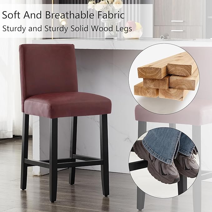 26'' Faux Leather Bar Stools Set of 2, Modern Upholstered Bar Chairs with Back, Soild Wood Legs Barstools for Kitchen Island, Red
