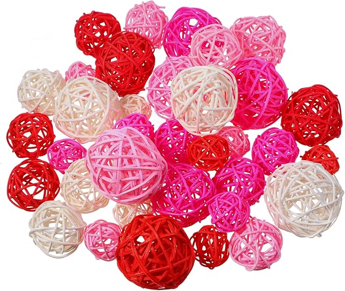 Patelai 36 Pcs Wicker Rattan Balls Decorative Balls for Vase Centerpiece Bowls Orbs Filler for Home Decor,4 Sizes(White, Pink, Rose, Red)