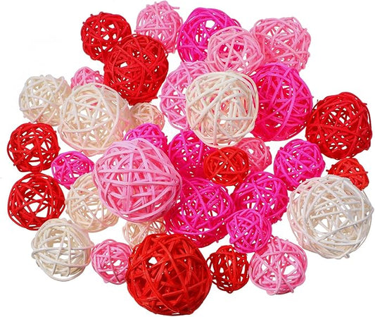 Patelai 36 Pcs Wicker Rattan Balls Decorative Balls for Vase Centerpiece Bowls Orbs Filler for Home Decor,4 Sizes(White, Pink, Rose, Red)