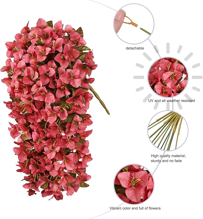 Bougainvillea Artificial Fall Hanging Flowers Plants for Outdoors Autumn Decoration, 2pcs Faux Bougainvillea Vines Red Fake Flowers Realistic UV Resistant Silk Flowers for Outside Planter Yard Home
