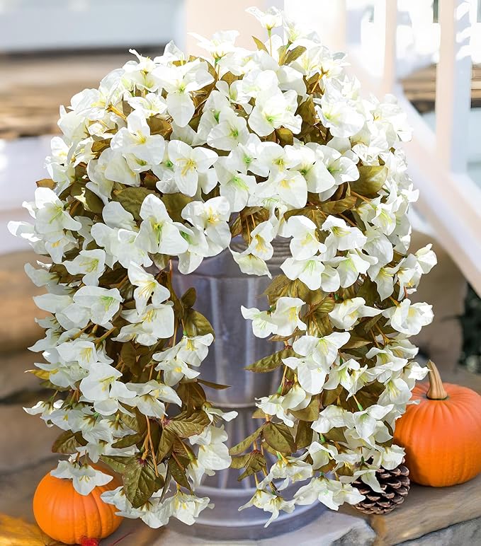 Bougainvillea Artificial Fall Hanging Flowers Plants for Outdoors Autumn Decoration, 2pcs Faux Bougainvillea Vines White Fake Flowers Realistic UV Resistant Silk Flowers for Outside Planter Yard Home