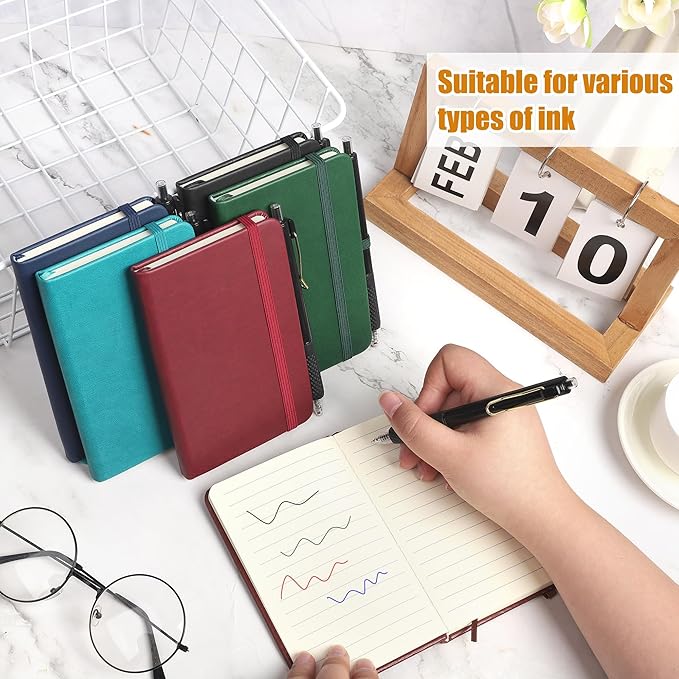 Aodaer 50 Sets Pocket Notebook Journal with Pens, 160 Pages, 3.5 x 5.5 Inch Mini Lined Journal Notebook A6 Leather Hardcover College Ruled Notepad with Pen Holder for School Office, Deep Multicolor