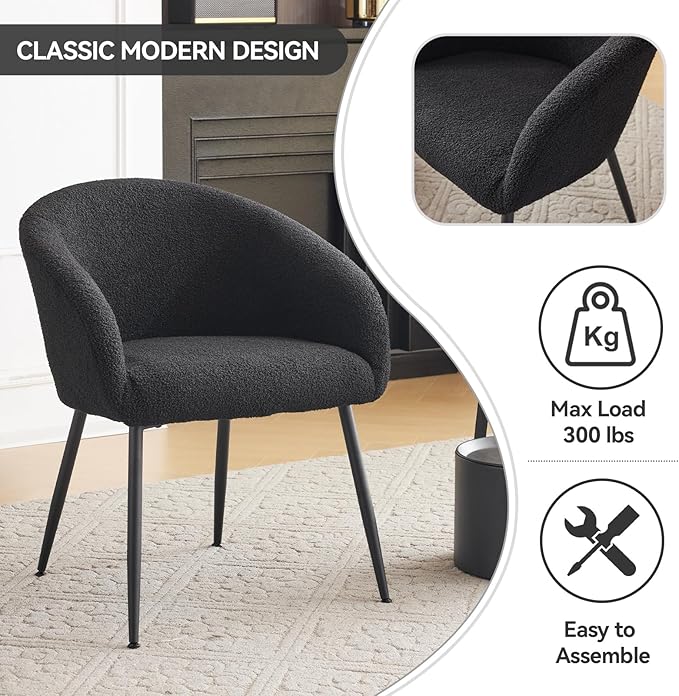 Modern Small Accent Chair Set of 4, Comfy Sherpa Makeup Vanity Chair with Metal Legs, Decorative Dining Chair no Wheels for Living Room, Dressing Room, Bedroom, Black