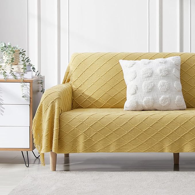 BOURINA Mustard Throw Blanket 50 x90 Inches Throw Textured Solid Soft Sofa Throw Bed Runner Couch Cover Knitted Decorative Blanket Bed Runner