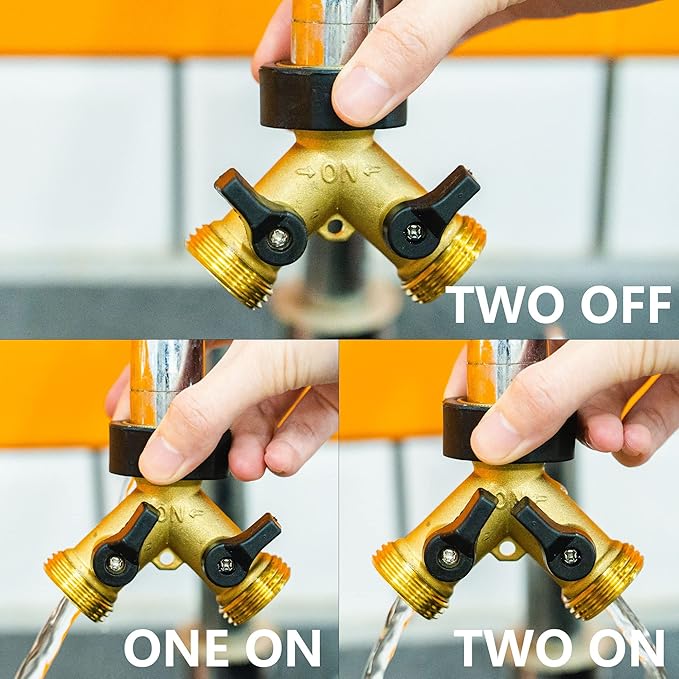 2 Pack Brass Garden Hose Splitter 2 Way, Hose Y Splitter 3/4 Inch Heavy Duty Brass Hose Connector Tap Splitter, Hose Spigot Adapter 2 Valves with Rubber Washers
