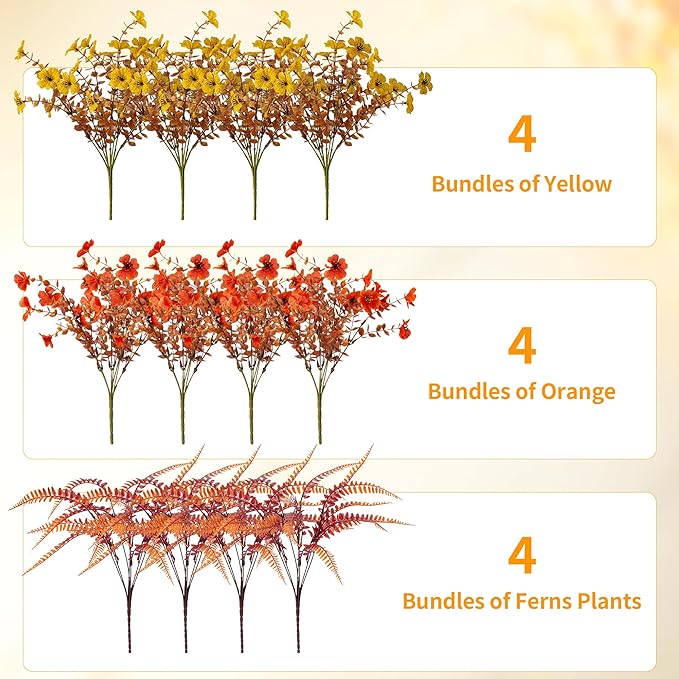 Artificial Mums Fall Fake Flowers for Outdoors, 12 Bundles Faux Mums for Outdoor Planters Decorations,UV Resistant Silk Flowers Plastic Plants for Front Porch Garden Patio (B-Orange Yellow Fern)