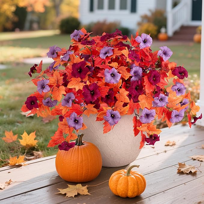 Fake Fall Flowers for Outdoors Decor 2PCS Artificial Flowers Fake Faux Silk Petunias Fall Fake Plants, UV Resistant Flower for Garden Porch Patio Balcony Realistic Autumn Decoration(Burgundy Purple)