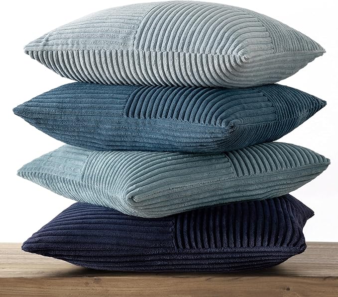 MIULEE Dusty Blue Navy Farmhouse Throw Pillow Covers 20x20 Inch Set of 4 Boho Patchwork Gradient Cushion Cases Western Modern Pillow Cases Corduroy Home Decor for Couch Sofa Living Room Bed
