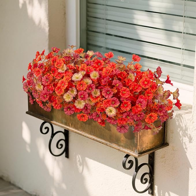 Fall Artificial Flowers for Decoration, 12 Bundles Fake Autumn Flower Plants Petunias, Faux Silk Morning Glory Eucalyptus for Planter Garden Porch Front Door Window Box, Red Orange