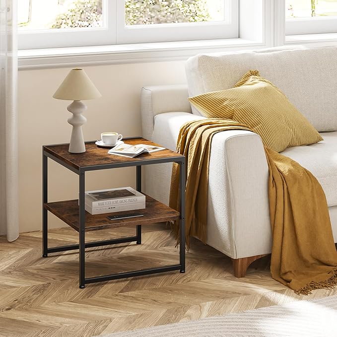 Tatub 20" End Table with Charging Station, Industrial Square Side Table with USB Ports & Outlets, Versatile 2-Tier Small Nightstand for Bedroom Living Room, Rustic Brown