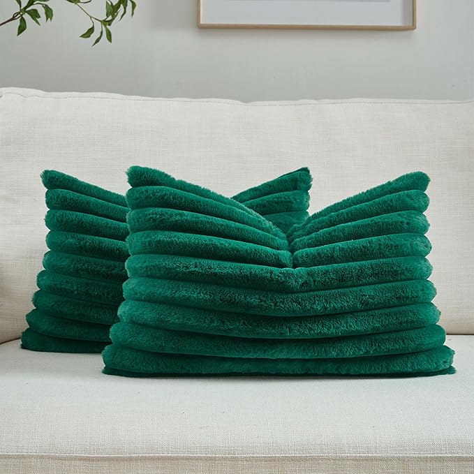 FUTEI Emerald Green Striped Decorative Throw Pillow Covers 12x20 Inch Set of 2,Rectangle Fall Decorations Couch Lumbar Pillowcase,Soft Cozy Faux Rabbit Fur & Velvet Back,Modern Home Decor for Bed