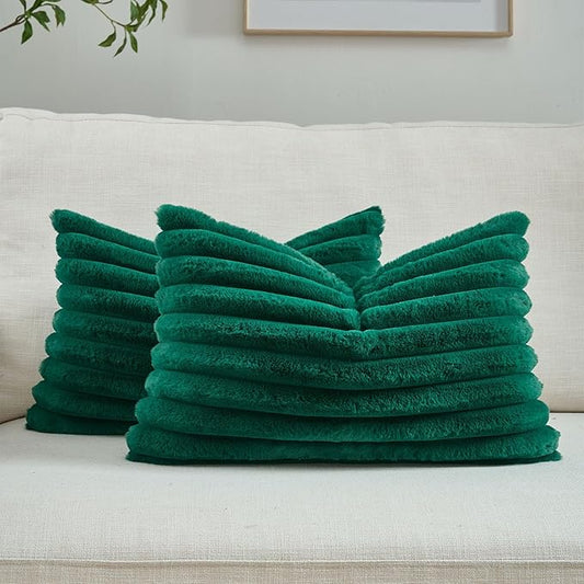 FUTEI Emerald Green Striped Decorative Throw Pillow Covers 12x20 Inch Set of 2,Rectangle Fall Decorations Couch Lumbar Pillowcase,Soft Cozy Faux Rabbit Fur & Velvet Back,Modern Home Decor for Bed