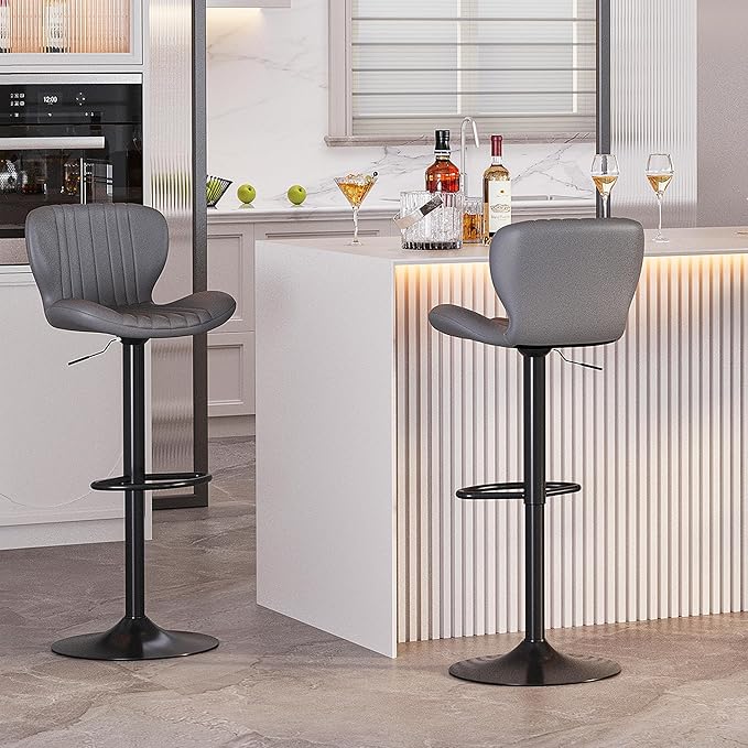 SUNLEI Swivel Swivel Bar Stools Set, Barstools Counter Height with Shell Shaped Backrest, Adjustable Moder Stools Pu Leather Bar Stool for Kitchen Counter, Island, Bars, Dining Room(Gray, Set of 2)