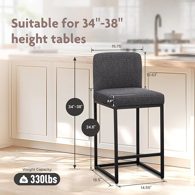 ALPHA HOME 24" Bar Stools Set of 4 Kitchen Counter Stools with Back, Counter Height Stools with Upholstered Footrest for Kitchen Island, Metal Steel Frame, Chenille, Darkgray