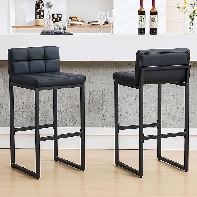 Bar Height Bar Stools Set of 2, Modern Tall Counter Stool, Faux Leather Barstools with Back, Comfortable 30-inch Seat Height Island Chairs for Kitchen Island (Black, 2Pcs 30" Bar Stools)