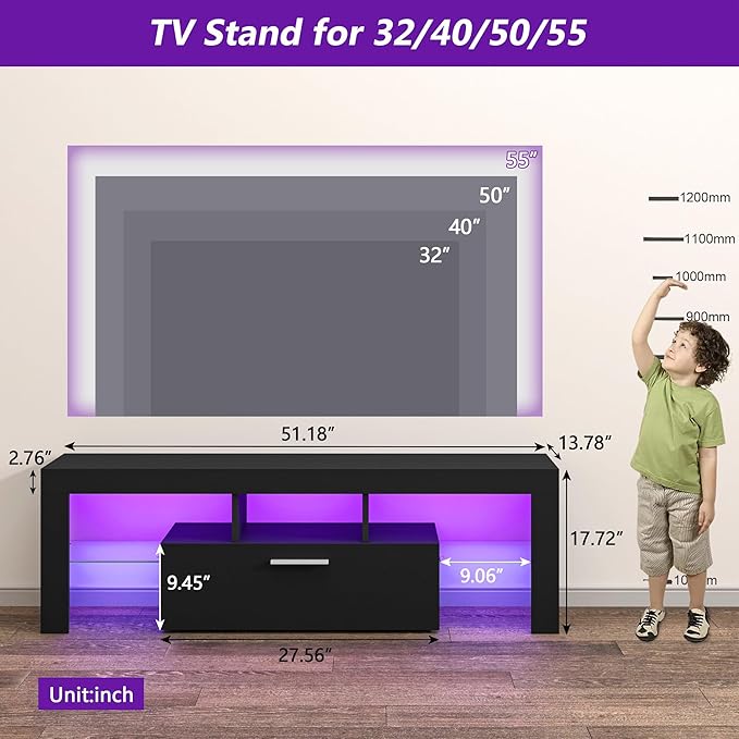 Clikuutory Modern Lighting 51 inch TV Stand with Large Storage Drawer for 32 40 50 55 Inch TVs, TV Console with 20 Color LED Lights, Entertainment Center Media and Open Shelf for Bedroom, Black