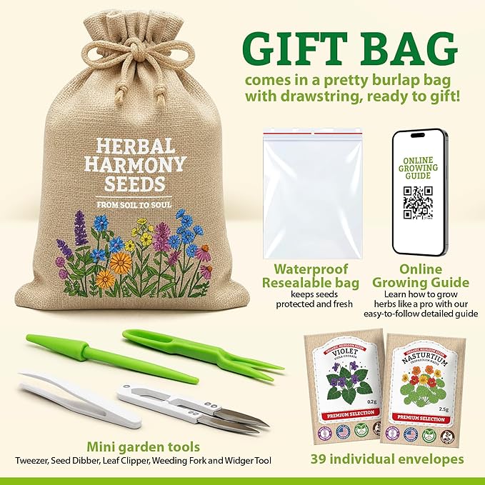 Gardening Gift for Women – 39 Medicinal Herb Seeds Variety Pack, Heirloom Non-GMO, Made in USA, Botanical Gift Set