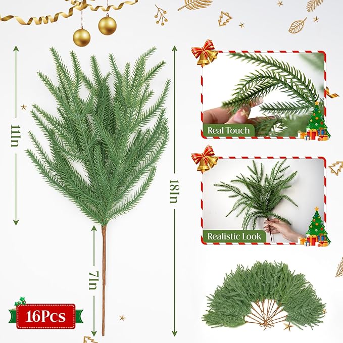 16 Pcs Real Touch Norfolk Pine Branches, 18 Inch Artificial Christmas Green Plants Branches Faux Greenery Stem Fake Cedar Pine Picks for Vase DIY Crafts Garland Wreath Xmas Indoor Outdoor Home Decor