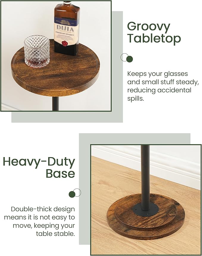 Small Round Side Table, Drink Table for Small Spaces, Pedestal Cocktail Table, Thickened Base, for Living Room, Bedroom, Office, Rustic Brown and Black TBZ30BF