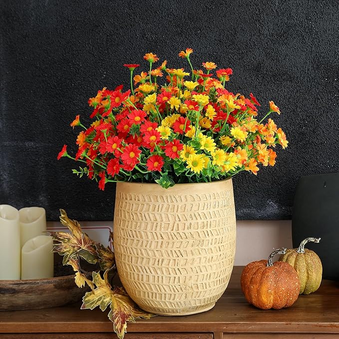 alyptus Fake Mums Artificial Flowers – 12 Bundles Fall Flowers for Outdoor Orange Display, Faux Mums UV Resistant Silk Plants for Porch, Patio, Garden, Thanksgiving Decor (Red 5, Orange 5, Yellow 2)