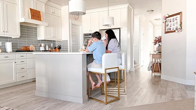 ALPHA HOME 24 Inch Bar Stools Set of 2 Kitchen Counter Stools with Back Pu Leather Counter Chair Counter Height Bar Stools with Upholstered Footrest Sturdy Chromed Metal Steel Frame, White